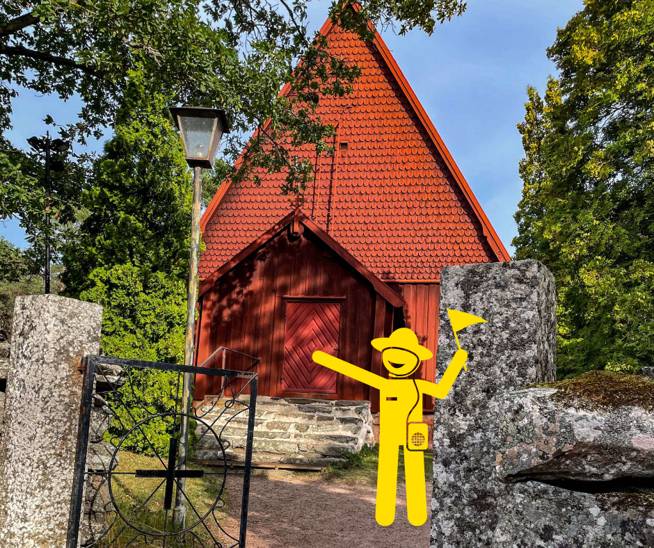 bild på sottunga kyrka med gul guide karaktär