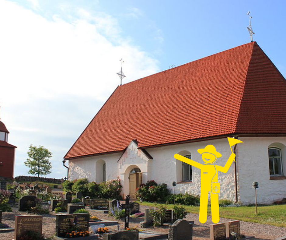 bild på kökar kyrka med gul guide karaktär